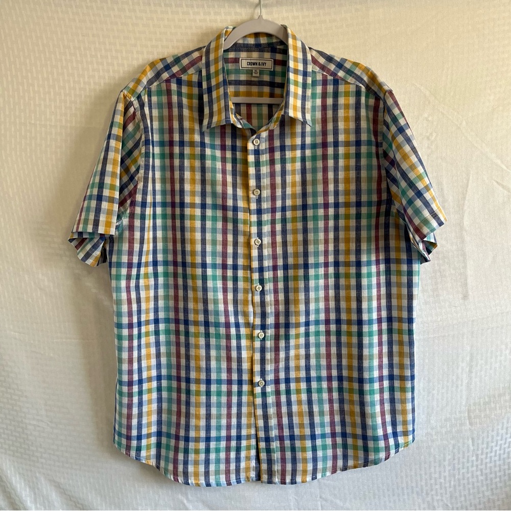 Crown & Ivy Linen Plaid Short Sleeve Button Up Shirt Multicolor Plaid Size XL